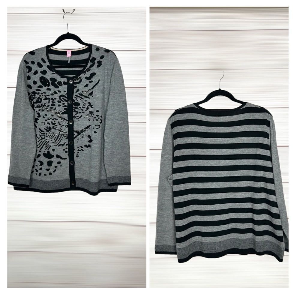 Basler Gray Wool Cardigan Black Print Rhinestones size 50 US 20